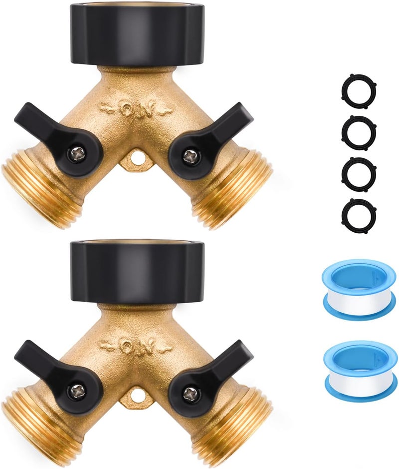 LFSEMINI 2 Pack Hose Splitter, 2 Way Heavy Duty Brass Garden Hose Splitter, for 3/4" Hose Connector, Brass Garden Hose Manifold with Rubber Washers & Tapes - Image 1